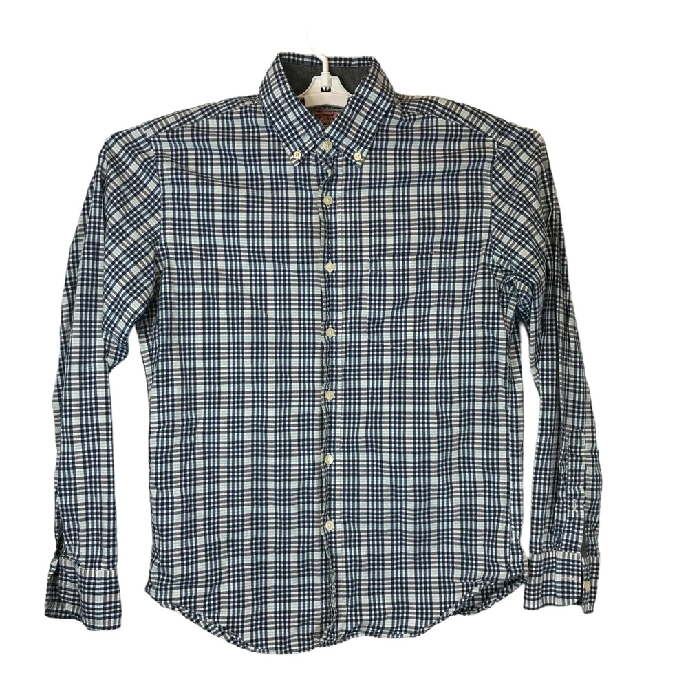 J.Crew Mens Size‎ Medium Slim Fit Plaid Button Down Shirt Navy Blue Cotton Woven